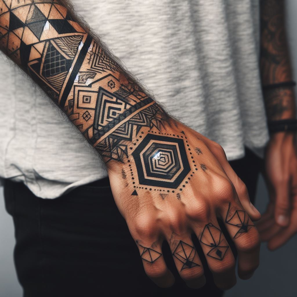 Bold Hand Tattoo Design With Geometric Patterns