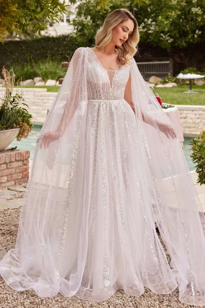 Long Cape Sleeve Sequin Wedding Dress