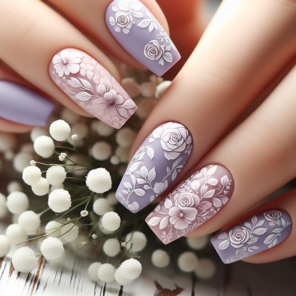 Floral patterns on pastel purple nails