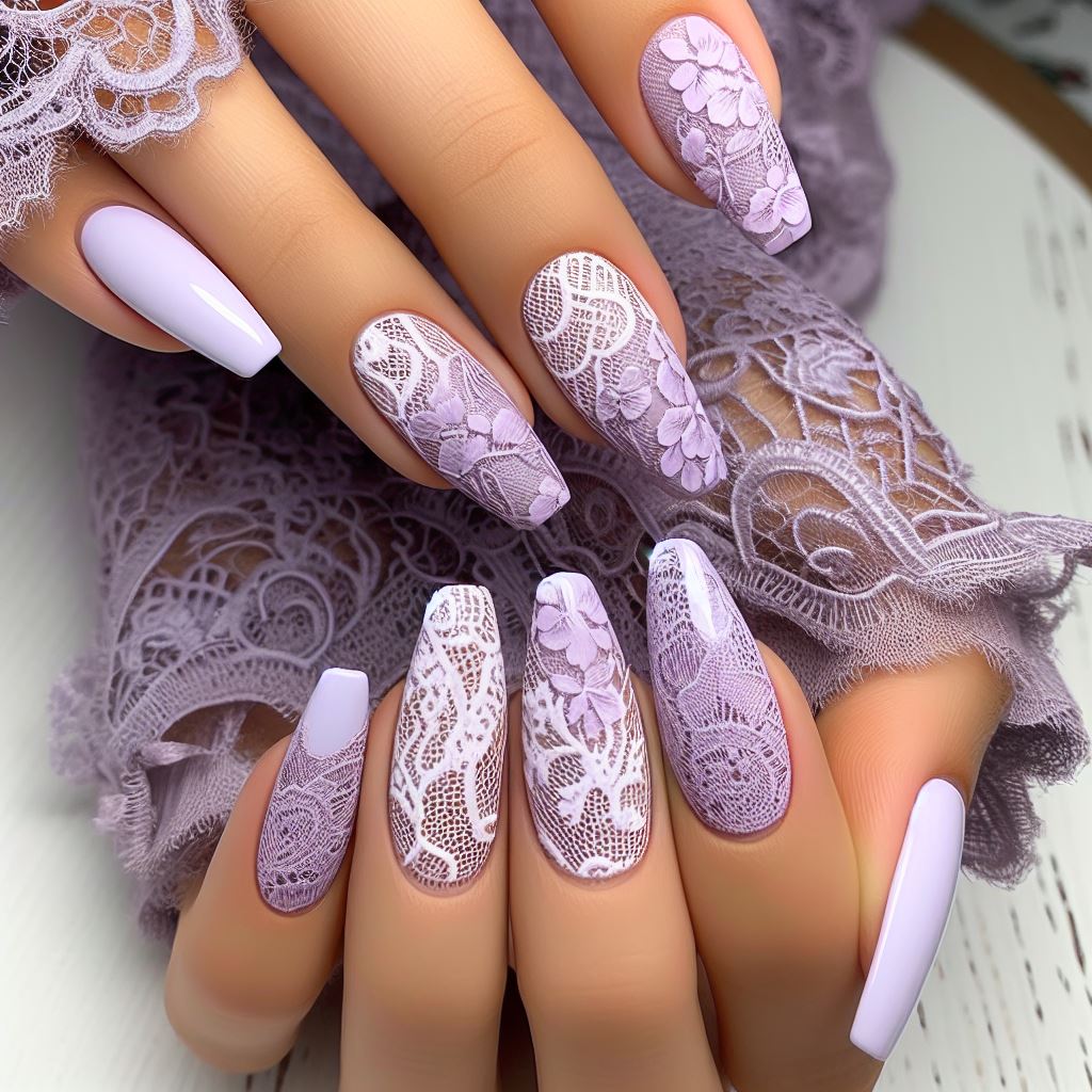 Lace designs on pastel purple nails