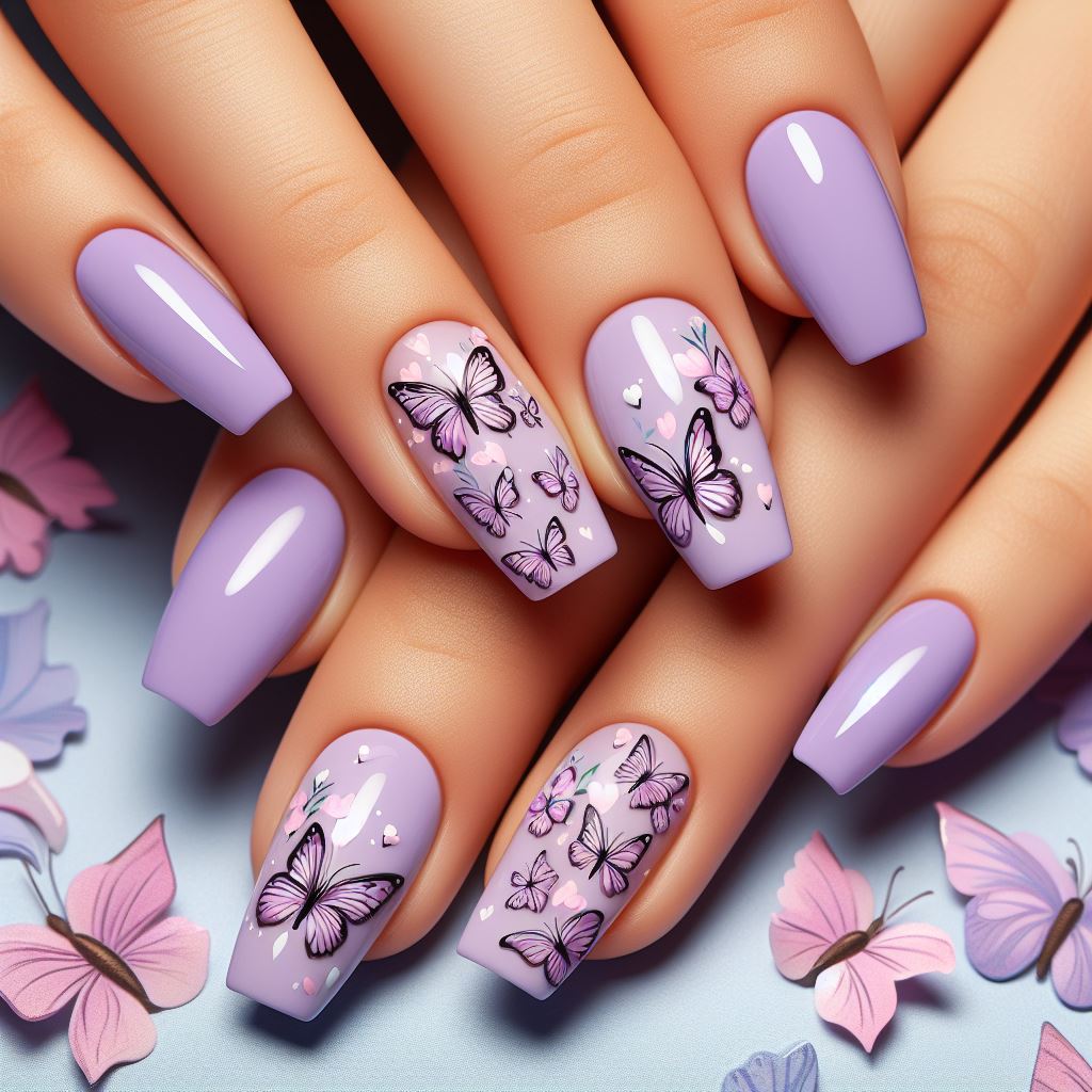 Butterflies on pastel purple nails