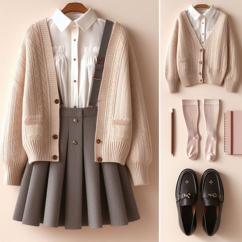 vintage-inspired cardigan over a button-down shirt