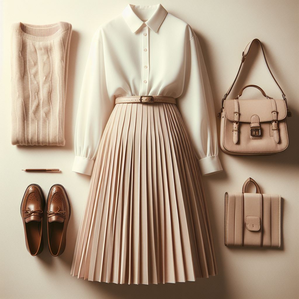 white blouse with a high-waisted, pleated midi skirt