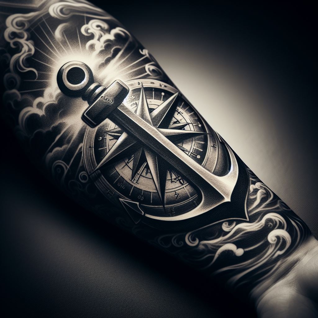 Anchor and compass forearm tattoo