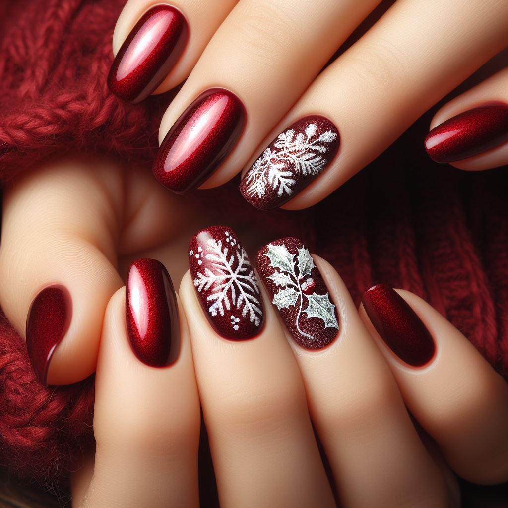 Velvet Red Nails with snow design