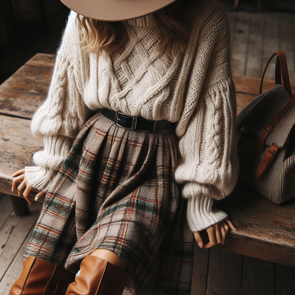 knit sweater layered over a plaid midi skirt