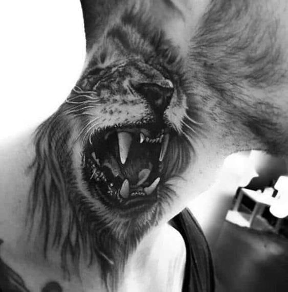 lion portrait on neck tattoo design