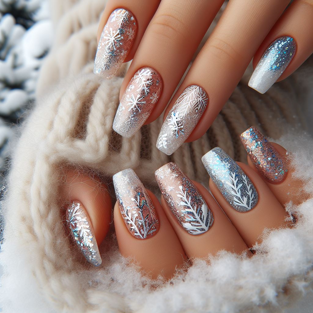 winter nails painted with light hues of pink and blue with snowflake designs